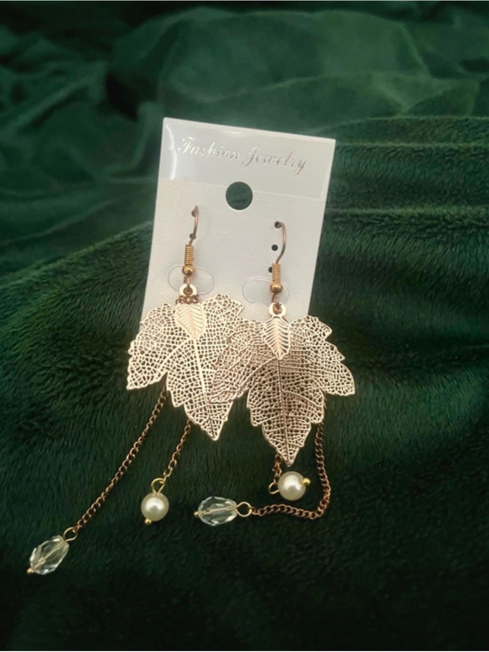 Fashion Jewelry Rose Gold Leaf Dangle Earrings with Pearls and Crystals